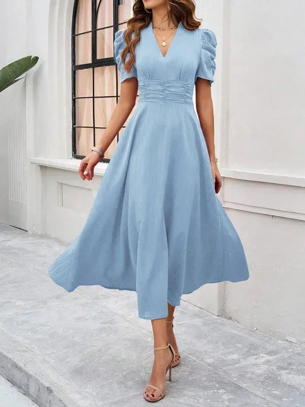 Robe Midi Femme Col V Manches Bouffantes | 9 Coloris Fluide Printemps-Été | ROBEMODE