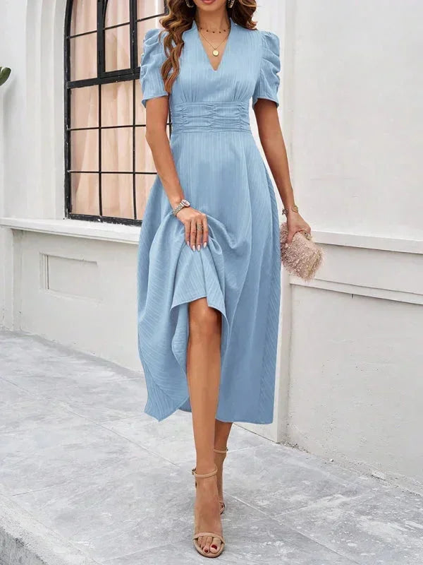 Robe Midi Femme Col V Manches Bouffantes | 9 Coloris Fluide Printemps-Été | ROBEMODE