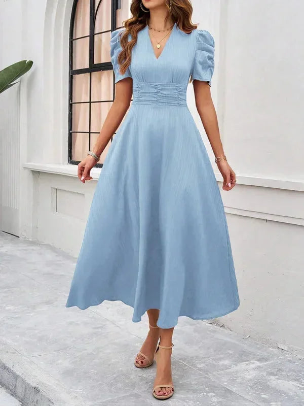 Robe Midi Femme Col V Manches Bouffantes | 9 Coloris Fluide Printemps-Été | ROBEMODE