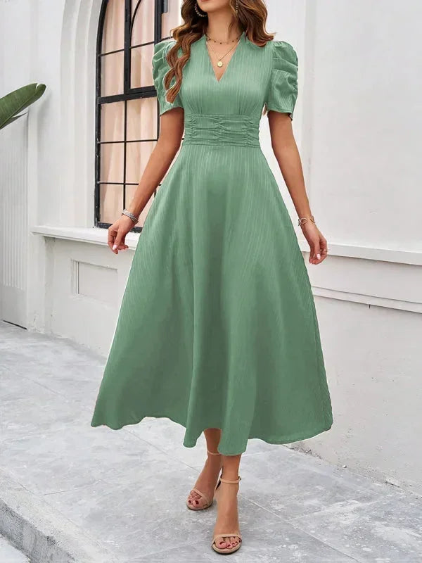 Robe Midi Femme Col V Manches Bouffantes | 9 Coloris Fluide Printemps-Été | ROBEMODE