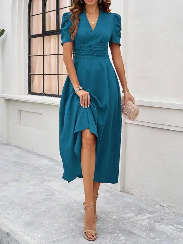 Robe Midi Femme Col V Manches Bouffantes | 9 Coloris Fluide Printemps-Été | ROBEMODE