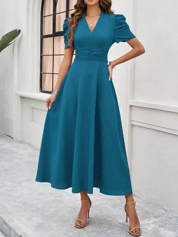 Robe Midi Femme Col V Manches Bouffantes | 9 Coloris Fluide Printemps-Été | ROBEMODE
