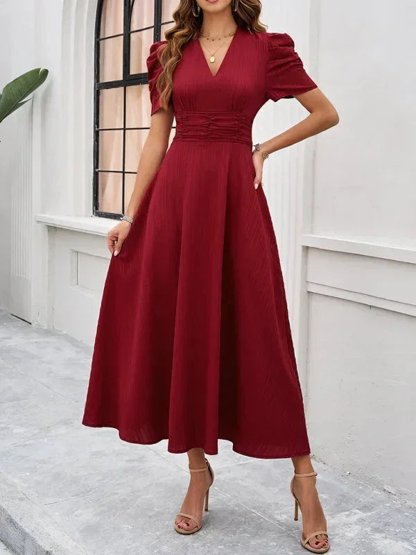 Robe Midi Femme Col V Manches Bouffantes | 9 Coloris Fluide Printemps-Été | ROBEMODE