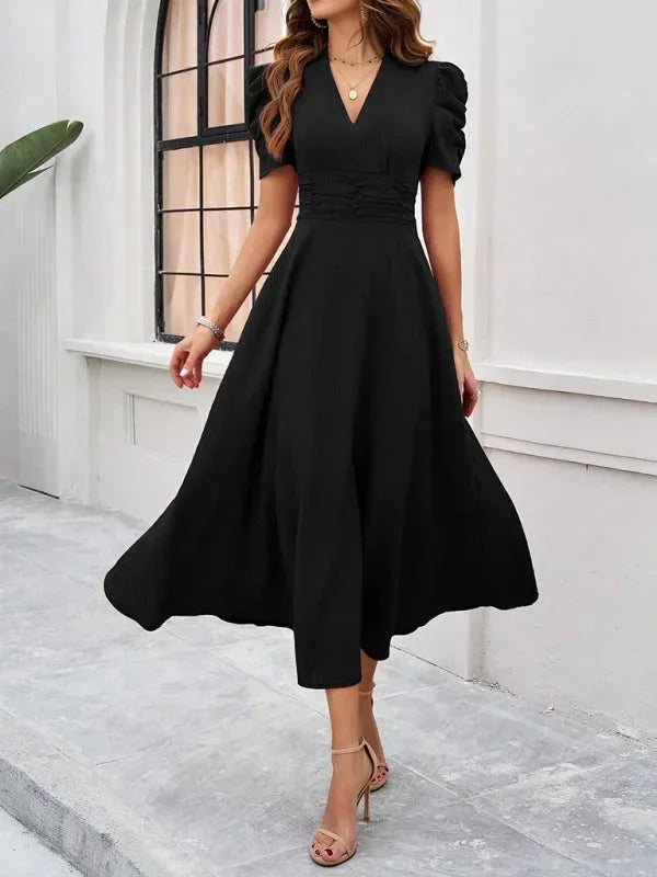 Robe Midi Femme Col V Manches Bouffantes | 9 Coloris Fluide Printemps-Été | ROBEMODE