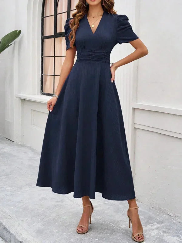 Robe Midi Femme Col V Manches Bouffantes | 9 Coloris Fluide Printemps-Été | ROBEMODE