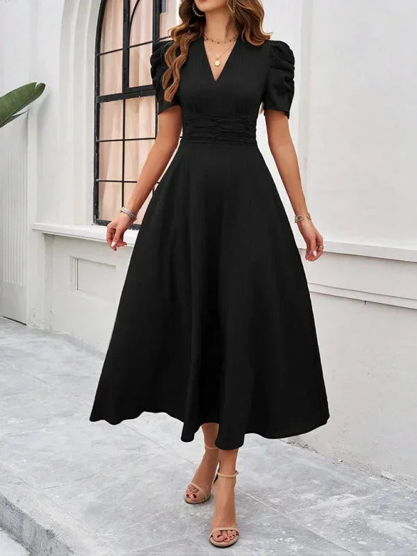 Robe Midi Femme Col V Manches Bouffantes | 9 Coloris Fluide Printemps-Été | ROBEMODE