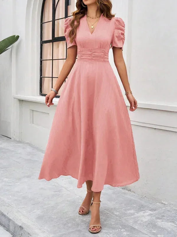 Robe Midi Femme Col V Manches Bouffantes | 9 Coloris Fluide Printemps-Été | ROBEMODE