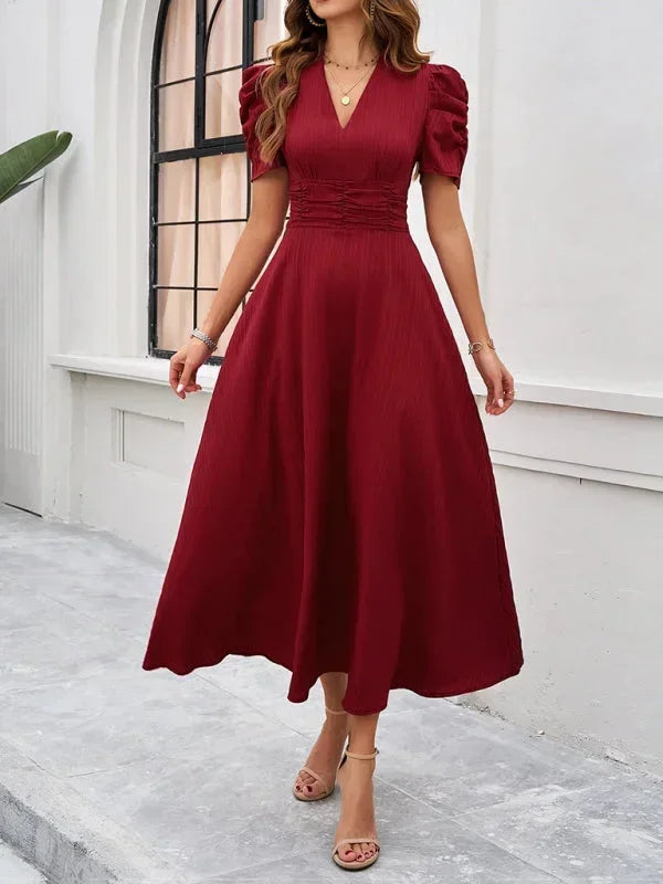 Robe Midi Femme Col V Manches Bouffantes | 9 Coloris Fluide Printemps-Été | ROBEMODE