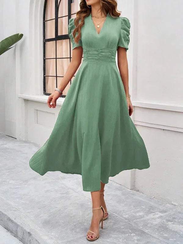 Robe Midi Femme Col V Manches Bouffantes | 9 Coloris Fluide Printemps-Été | ROBEMODE