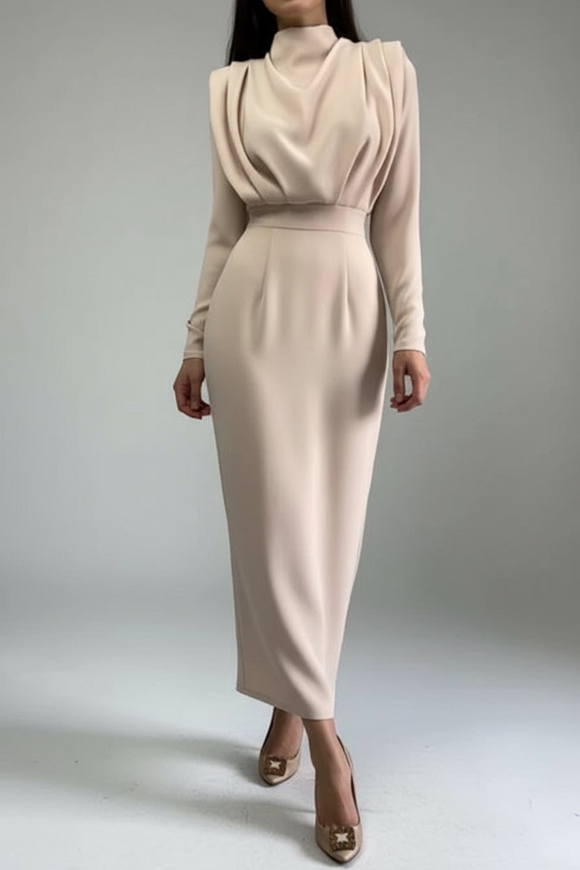 Robe midi femme drapée avec col montant et manches longues | ROBEMODE
