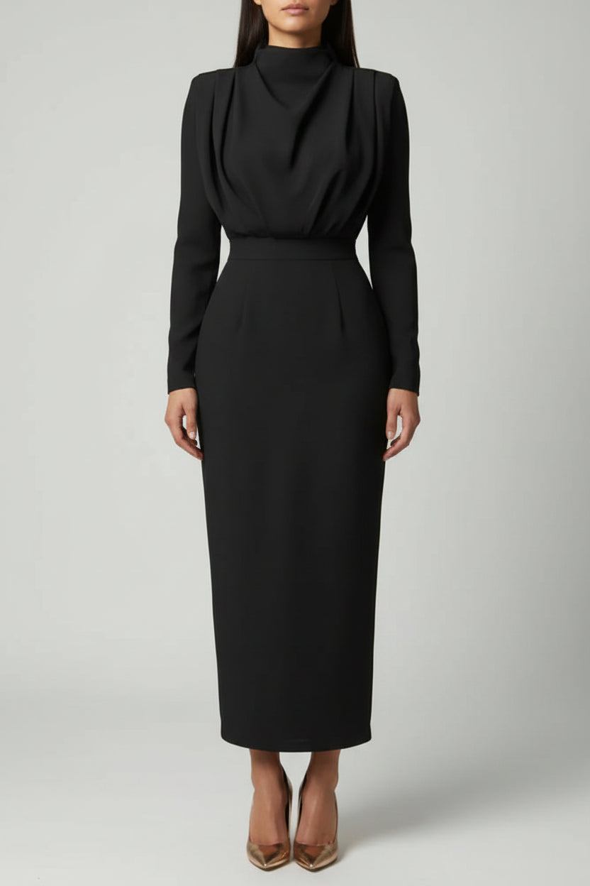 Robe midi femme drapée avec col montant et manches longues | ROBEMODE