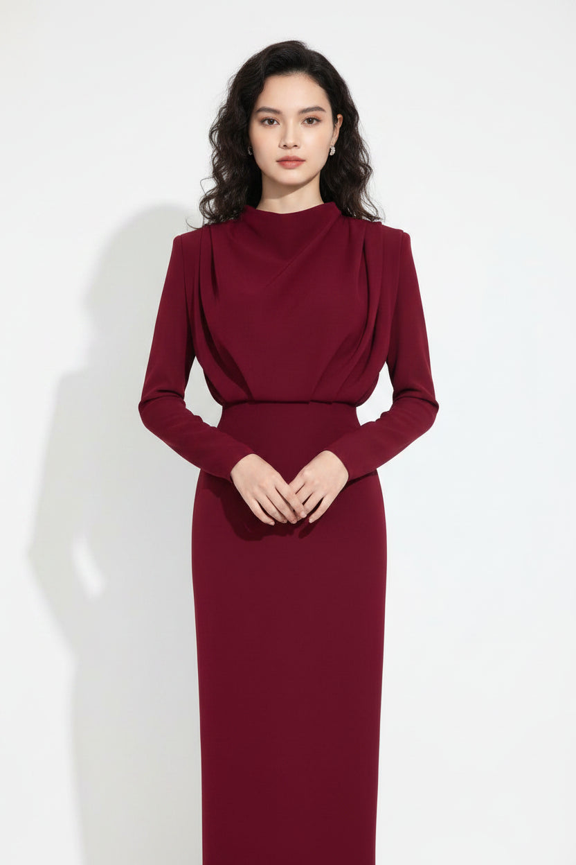 Robe midi femme drapée avec col montant et manches longues | ROBEMODE