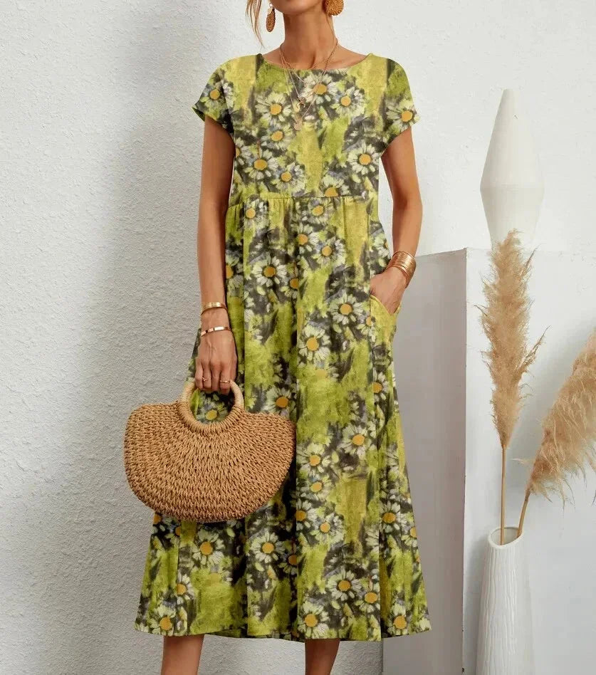 Robe Midi Femme Coton Imprimé Floral avec Poches | ROBEMODE