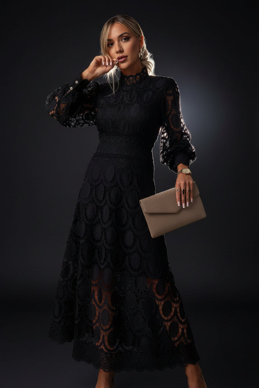 Robe Midi Femme en Dentelle Manches Longues Élégante | ROBEMODE
