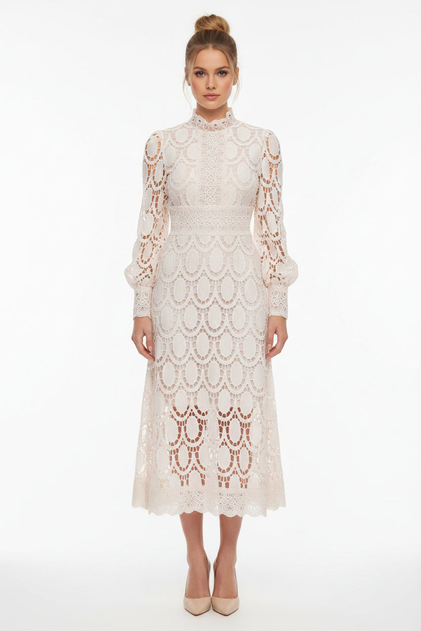 Robe Midi Femme en Dentelle Manches Longues Élégante | ROBEMODE