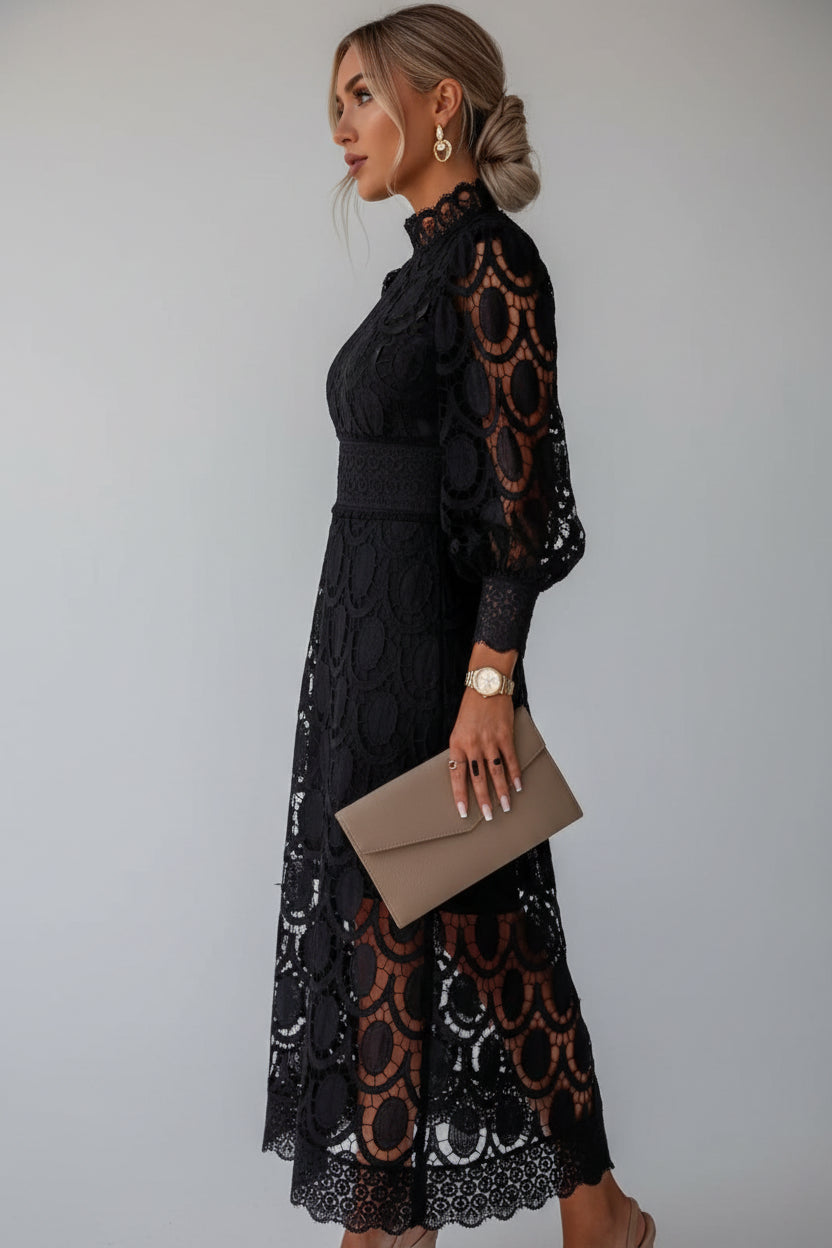 Robe Midi Femme en Dentelle Manches Longues Élégante | ROBEMODE