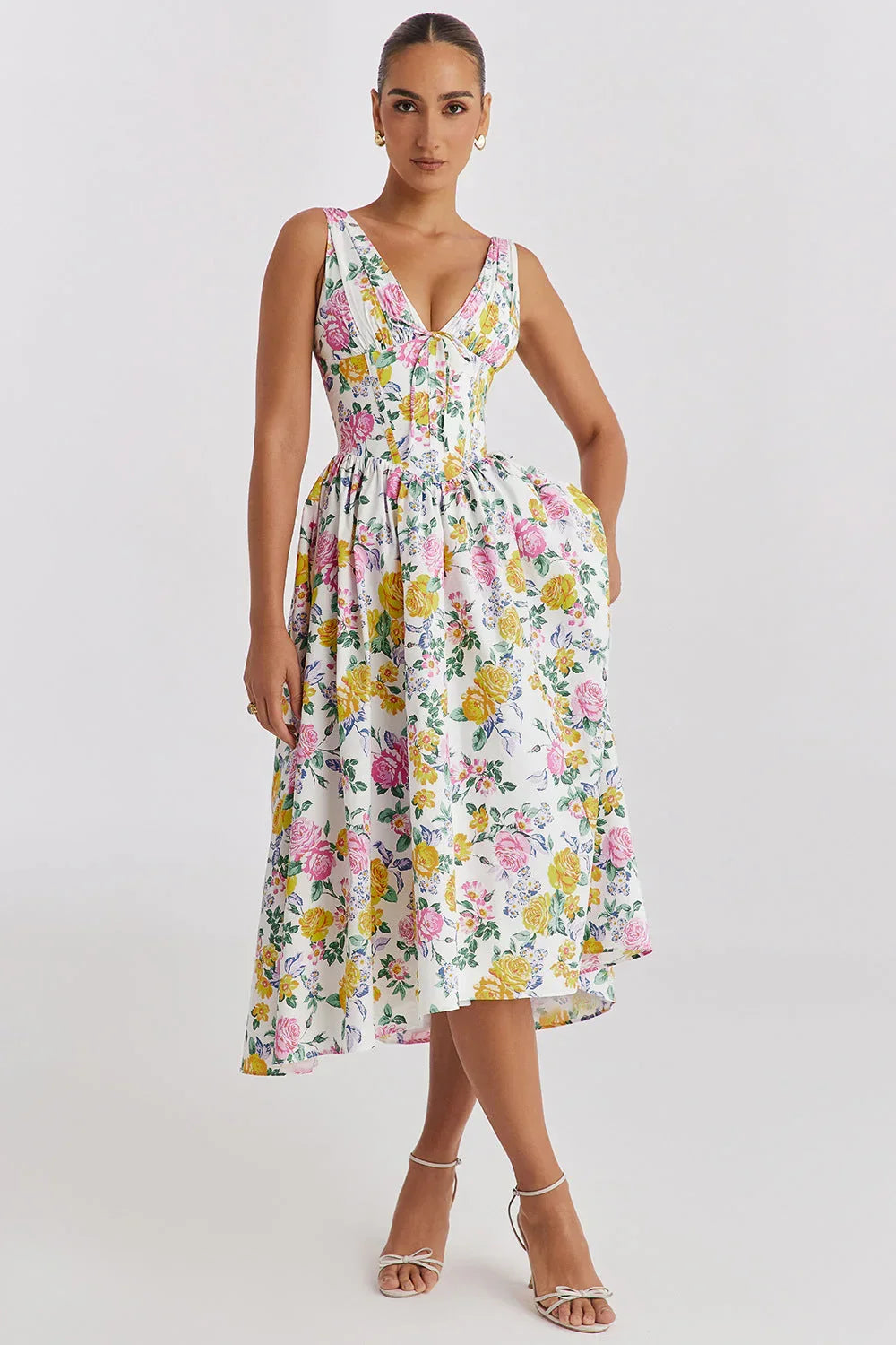 Robe midi fleurie sans manches femme | ROBEMODE