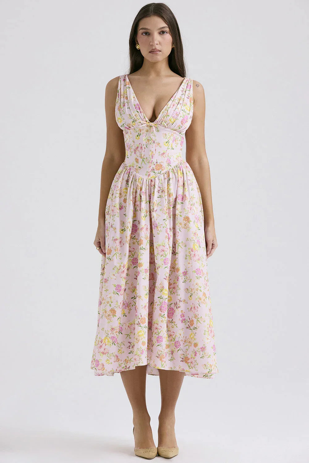 Robe midi fleurie sans manches femme | ROBEMODE