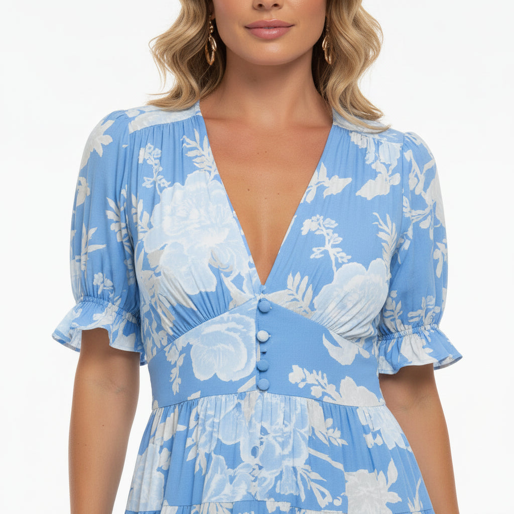 Robe Midi Femme Motifs Floraux Col V | Manches Courtes + 3 Coloris + Légère | ROBEMODE
