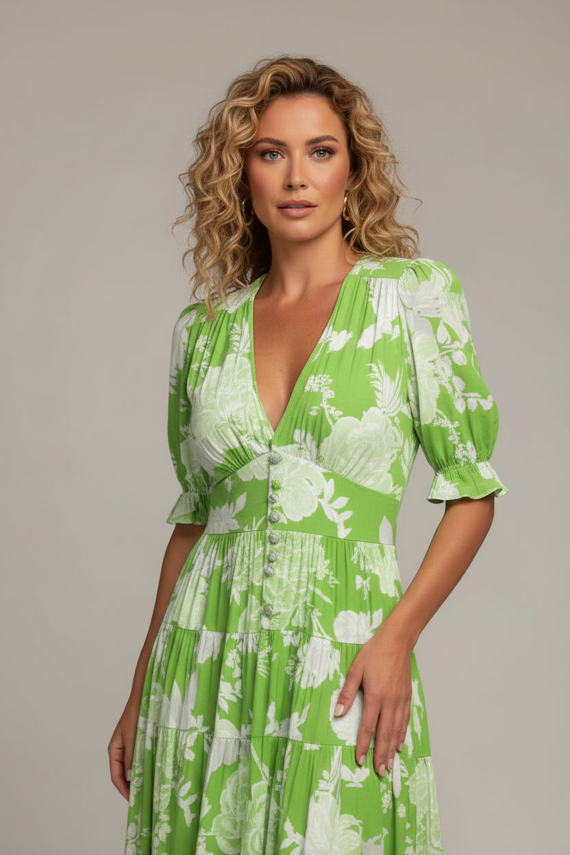 Robe Midi Femme Motifs Floraux Col V | Manches Courtes + 3 Coloris + Légère | ROBEMODE