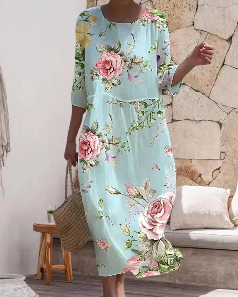 Robe midi femme motifs variés manches mi-longues plage | Coupe féminine + Style élégant + Facile à accessoiriser – ROBEMODE