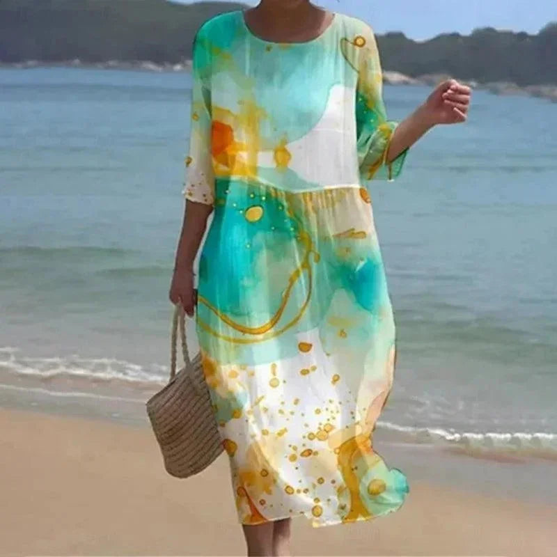 Robe midi femme motifs variés manches mi-longues plage | Coupe féminine + Style élégant + Facile à accessoiriser – ROBEMODE