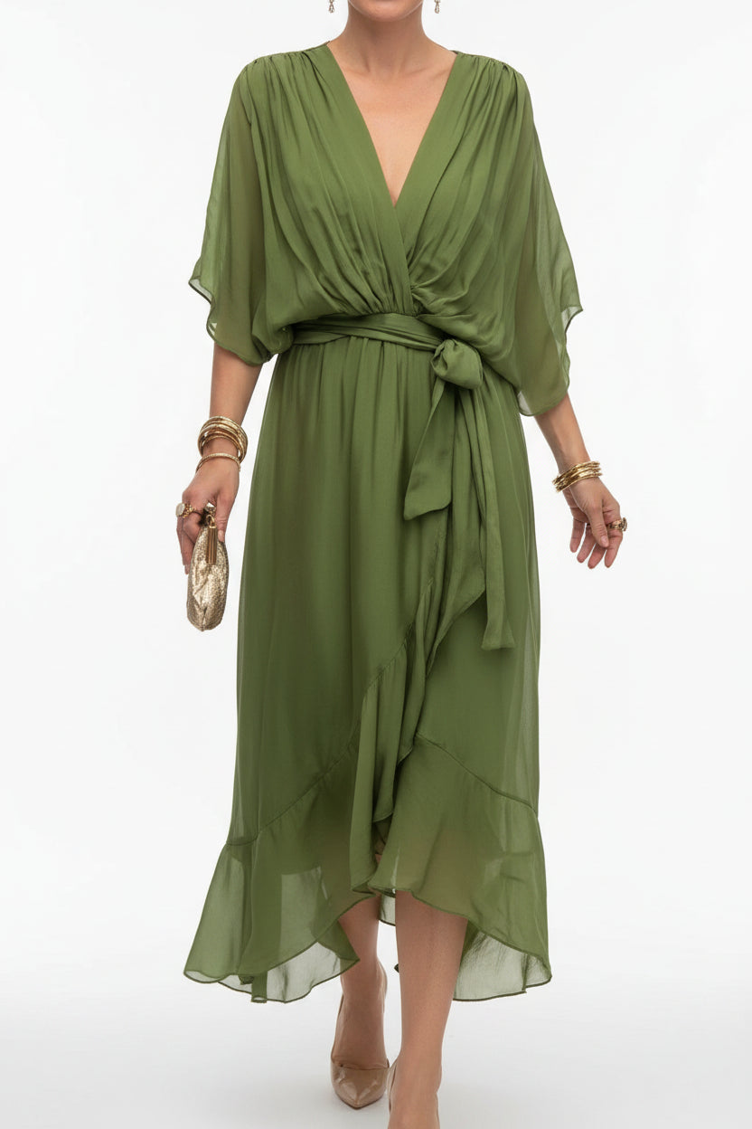 Robe Midi Portefeuille Col V Nouage Taille 6 Coloris | ROBEMODE