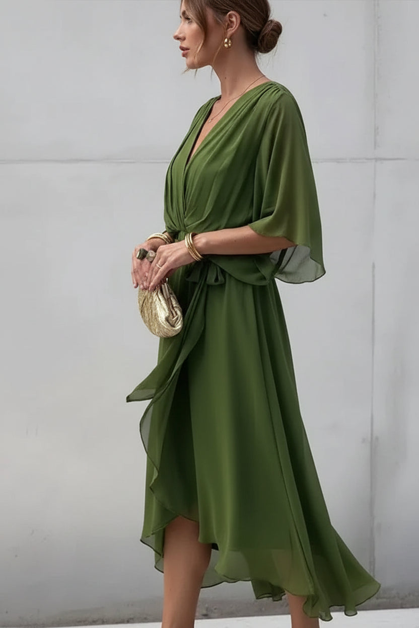 Robe Midi Portefeuille Col V Nouage Taille 6 Coloris | ROBEMODE