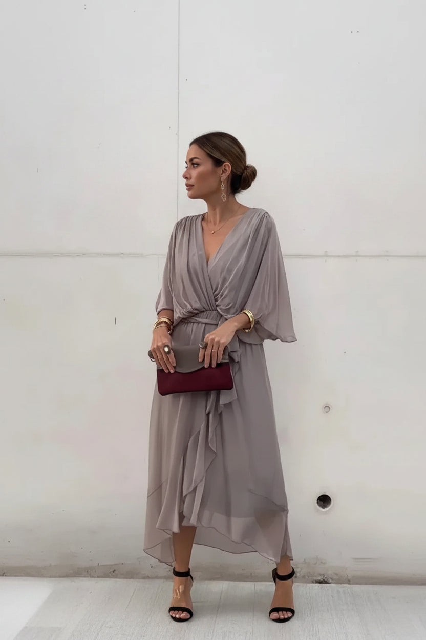 Robe Midi Portefeuille Col V Nouage Taille 6 Coloris | ROBEMODE