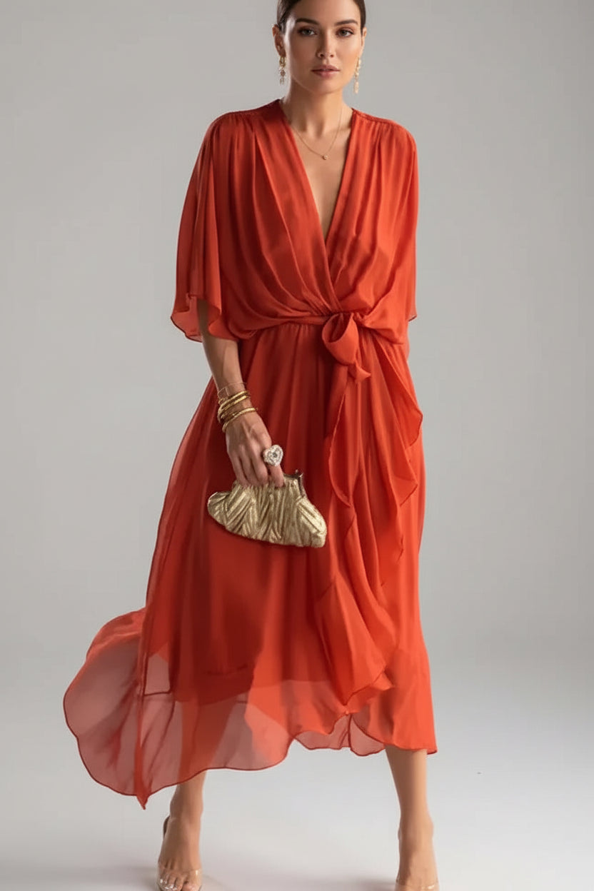 Robe Midi Portefeuille Col V Nouage Taille 6 Coloris | ROBEMODE
