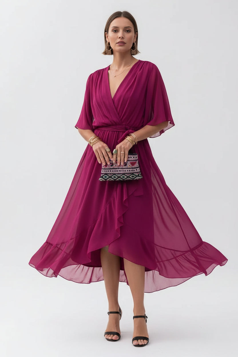 Robe Midi Portefeuille Col V Nouage Taille 6 Coloris | ROBEMODE