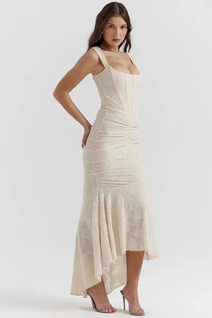 Robe midi sans manches dentelle ourlet festonné | ROBEMODE