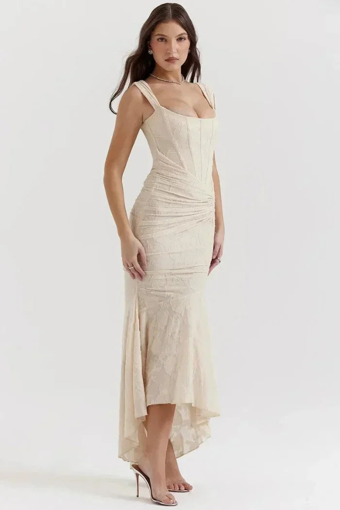 Robe midi sans manches dentelle ourlet festonné | ROBEMODE
