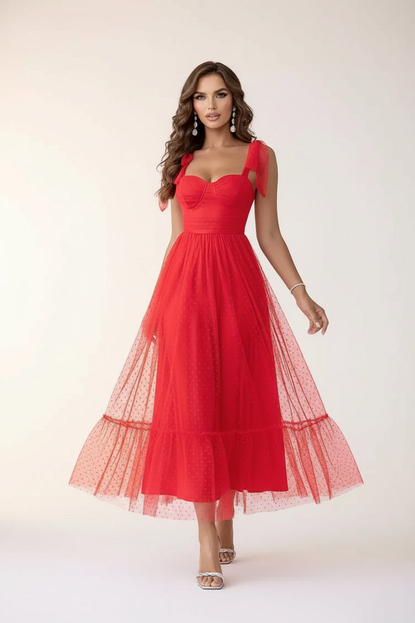 Robe Midi Mesh à Pois Nœuds Épaules 4 Coloris | ROBEMODE