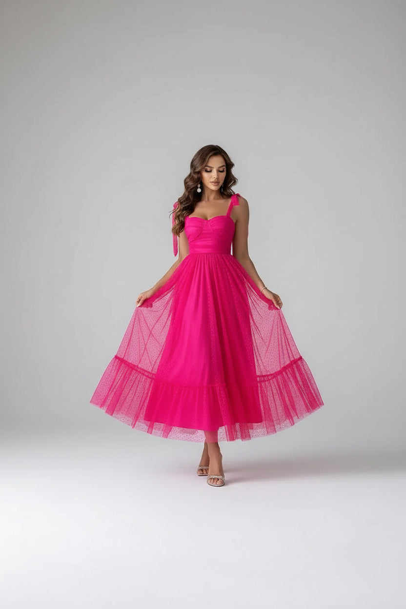 Robe Midi Mesh à Pois Nœuds Épaules 4 Coloris | ROBEMODE