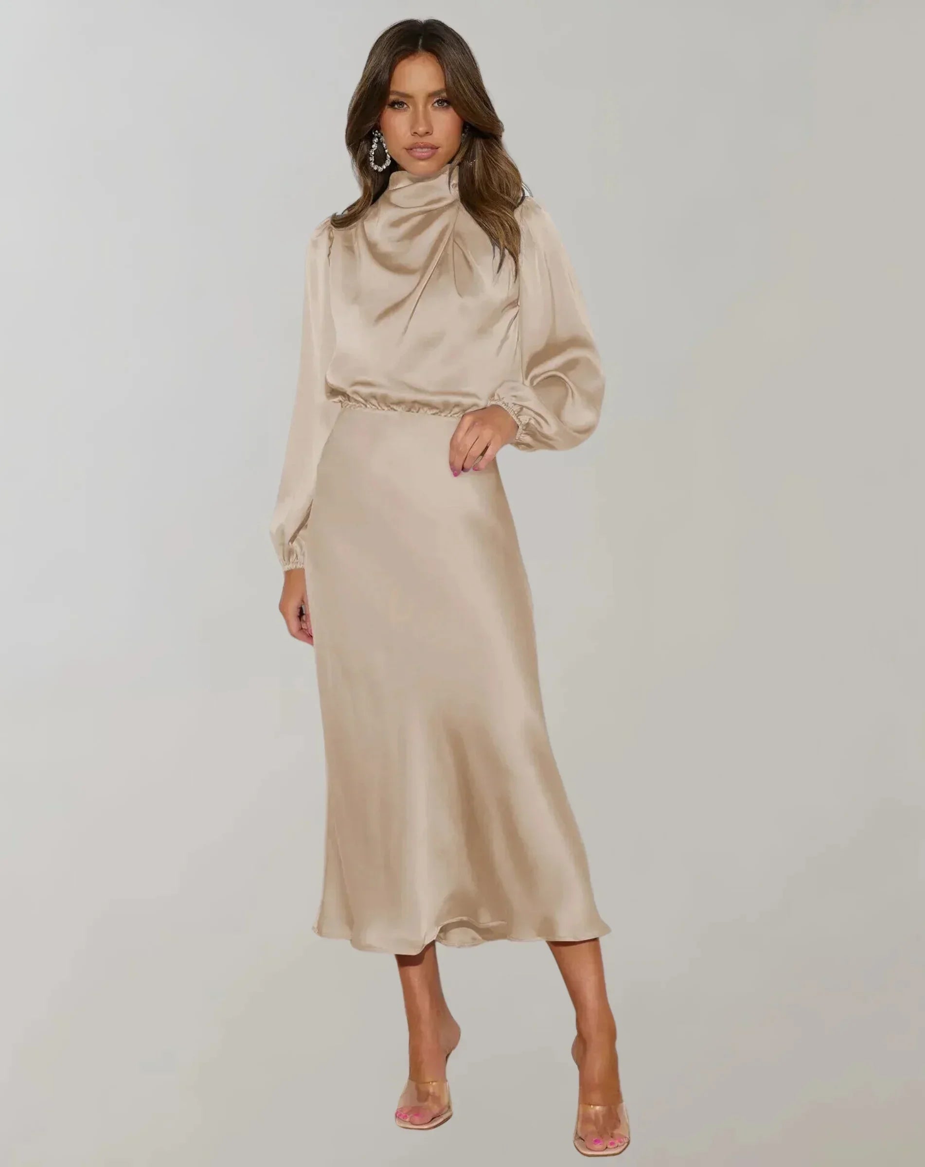 Robe midi femme satinée col drapé manches longues | ROBEMODE