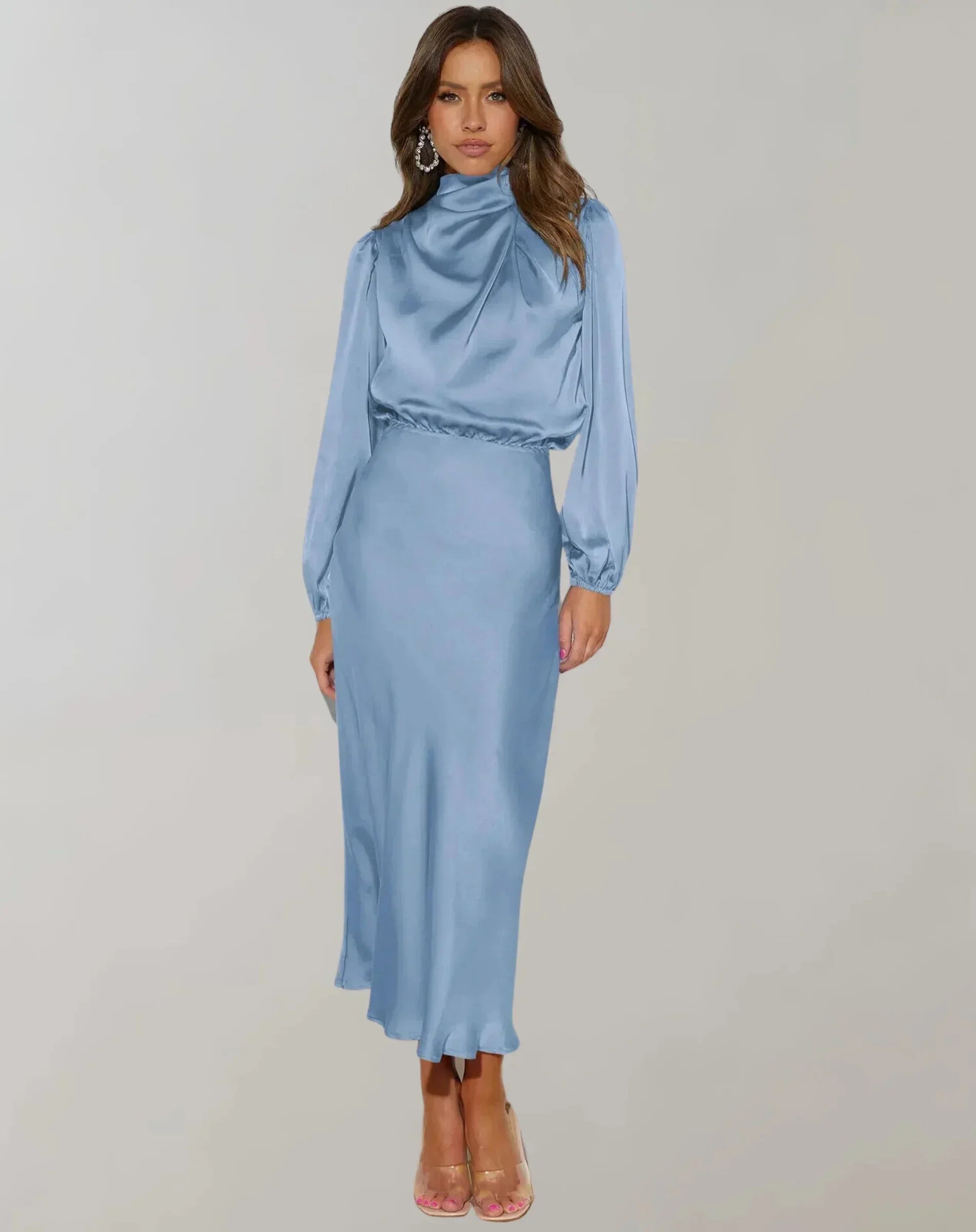 Robe midi femme satinée col drapé manches longues | ROBEMODE