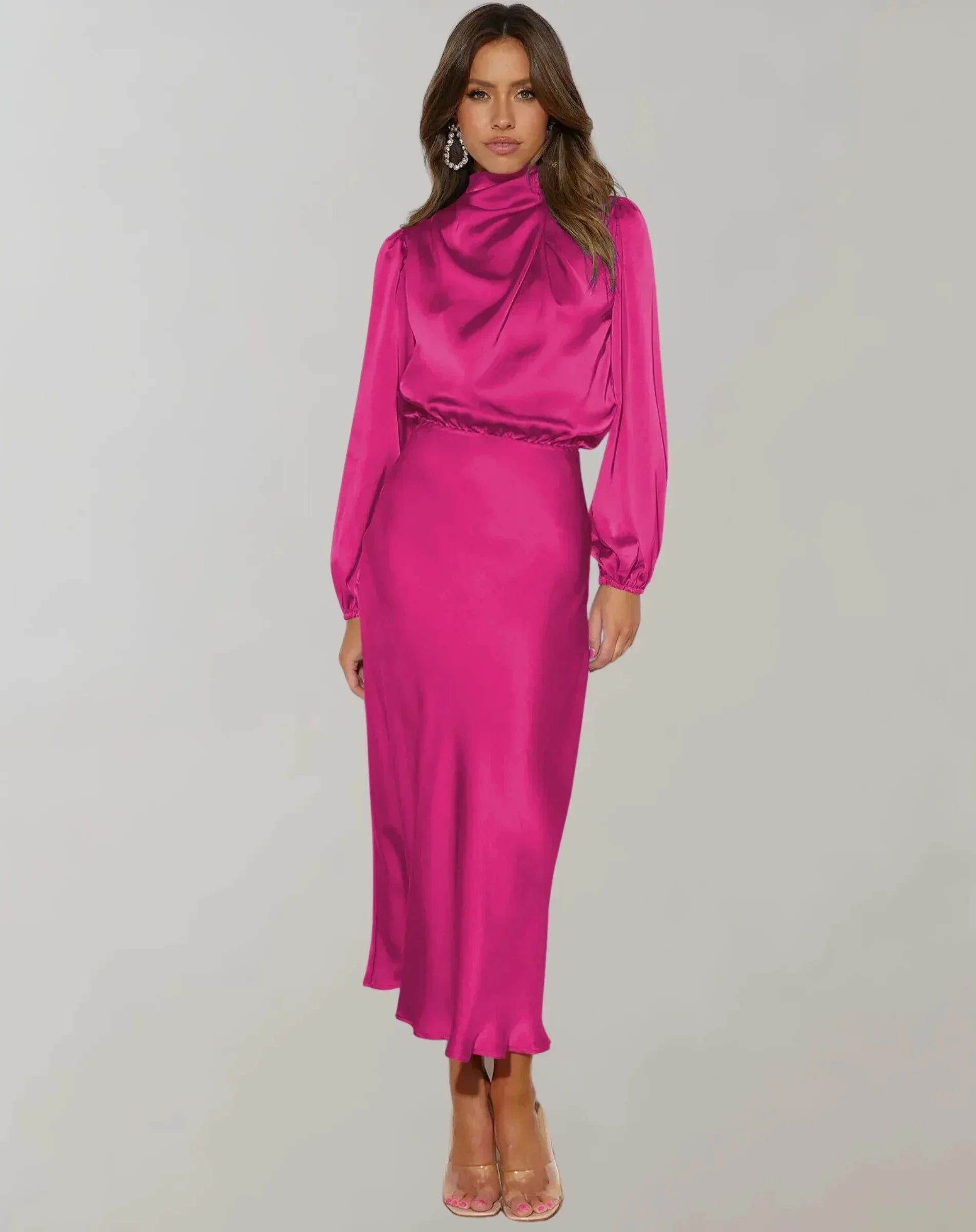 Robe midi femme satinée col drapé manches longues | ROBEMODE