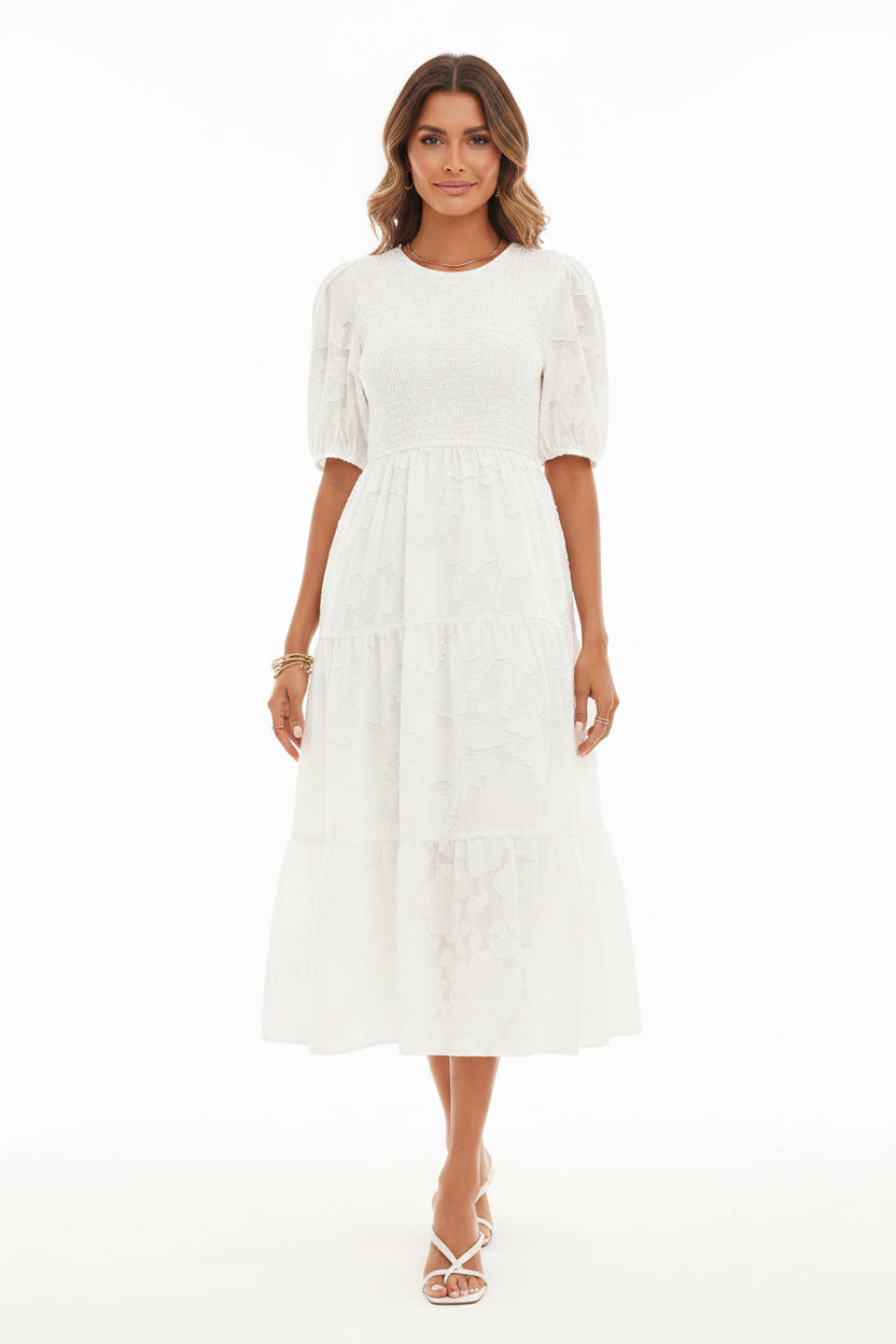 Robe Midi Femme Texturée à Volants Manches Courtes | 4 Coloris + Élégante + S-M | ROBEMODE