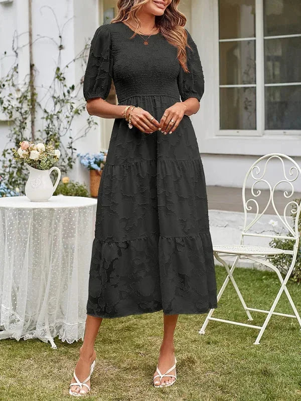 Robe Midi Femme Texturée à Volants Manches Courtes | 4 Coloris + Élégante + S-M | ROBEMODE