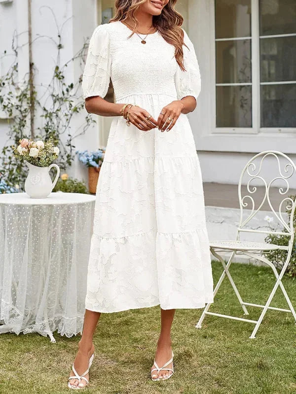 Robe Midi Femme Texturée à Volants Manches Courtes | 4 Coloris + Élégante + S-M | ROBEMODE