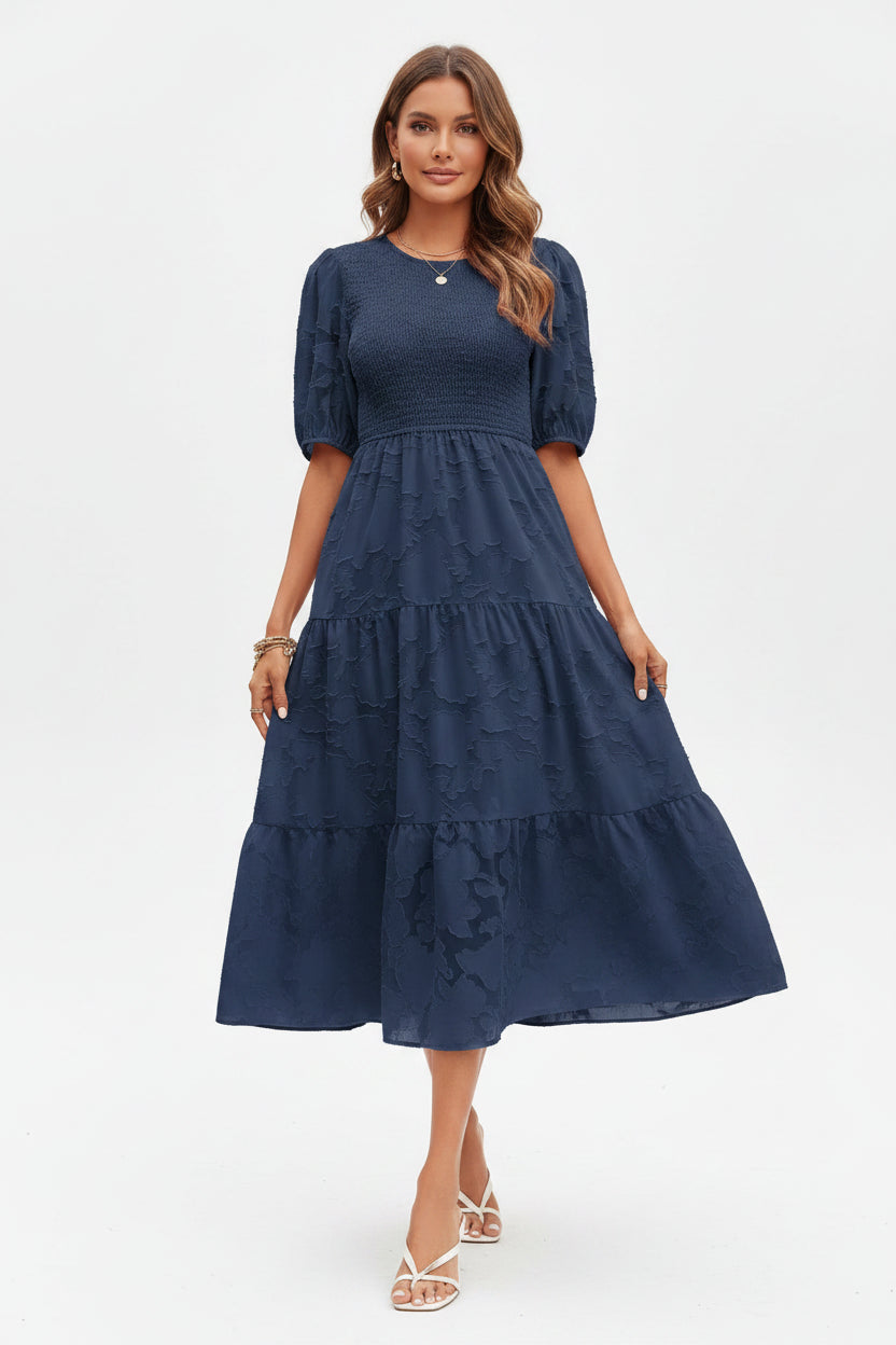 Robe Midi Femme Texturée à Volants Manches Courtes | 4 Coloris + Élégante + S-M | ROBEMODE