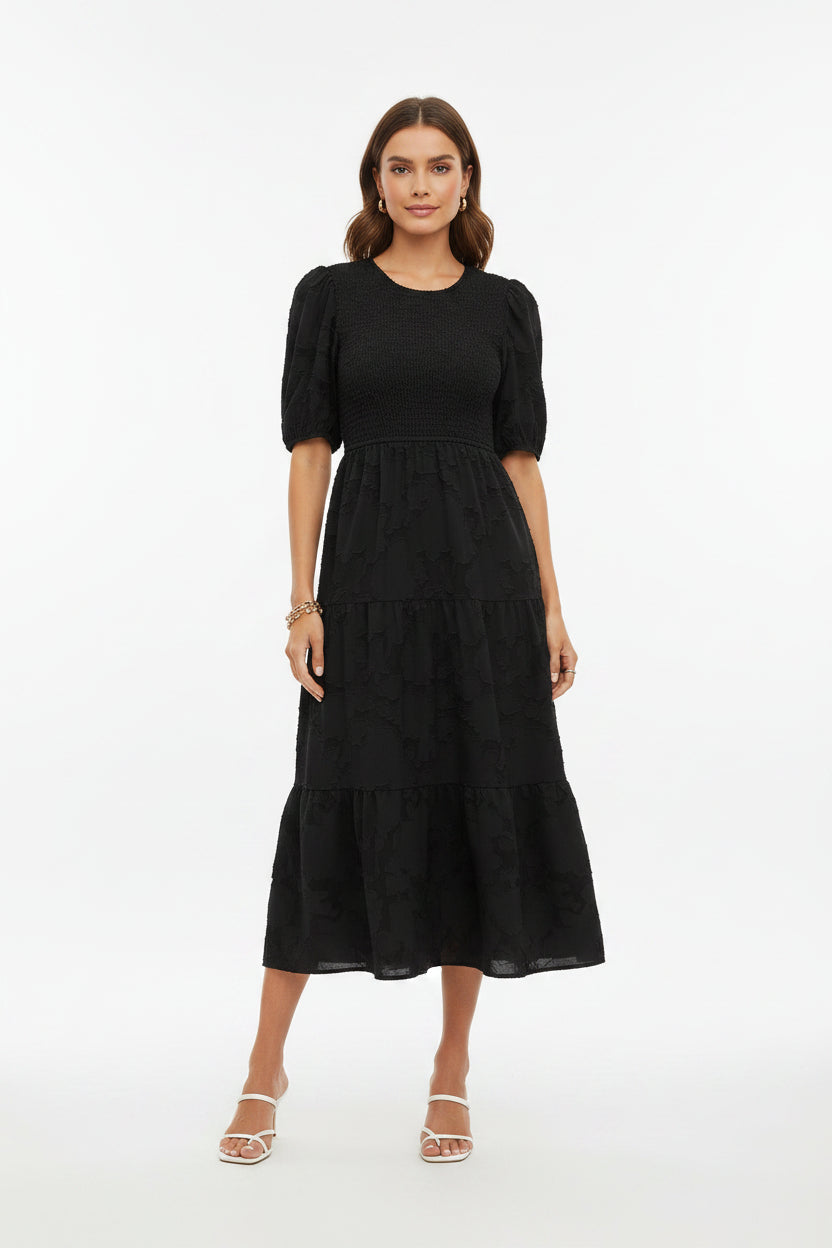 Robe Midi Femme Texturée à Volants Manches Courtes | 4 Coloris + Élégante + S-M | ROBEMODE