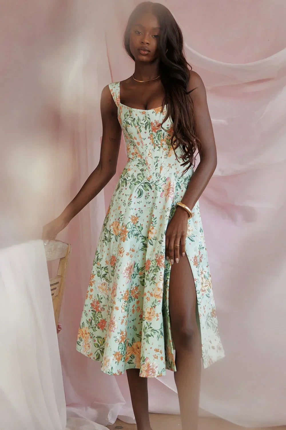 Robe Midi Femme Décolletée Motifs Floraux Fente 2 Coloris | ROBEMODE