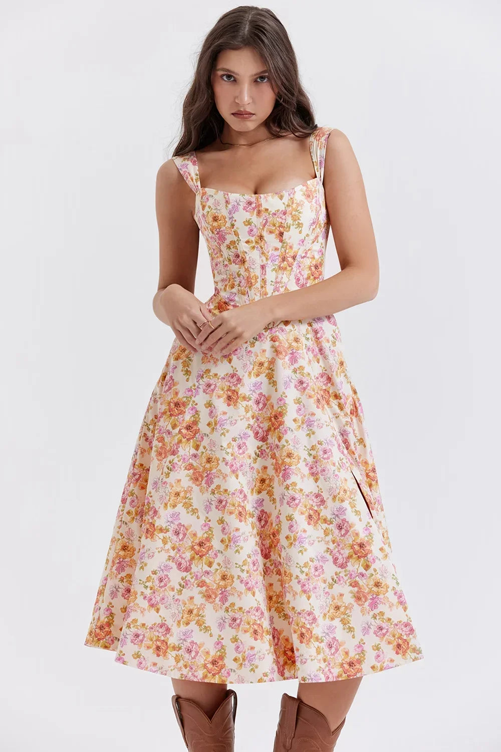 Robe Midi Femme Décolletée Motifs Floraux Fente 2 Coloris | ROBEMODE