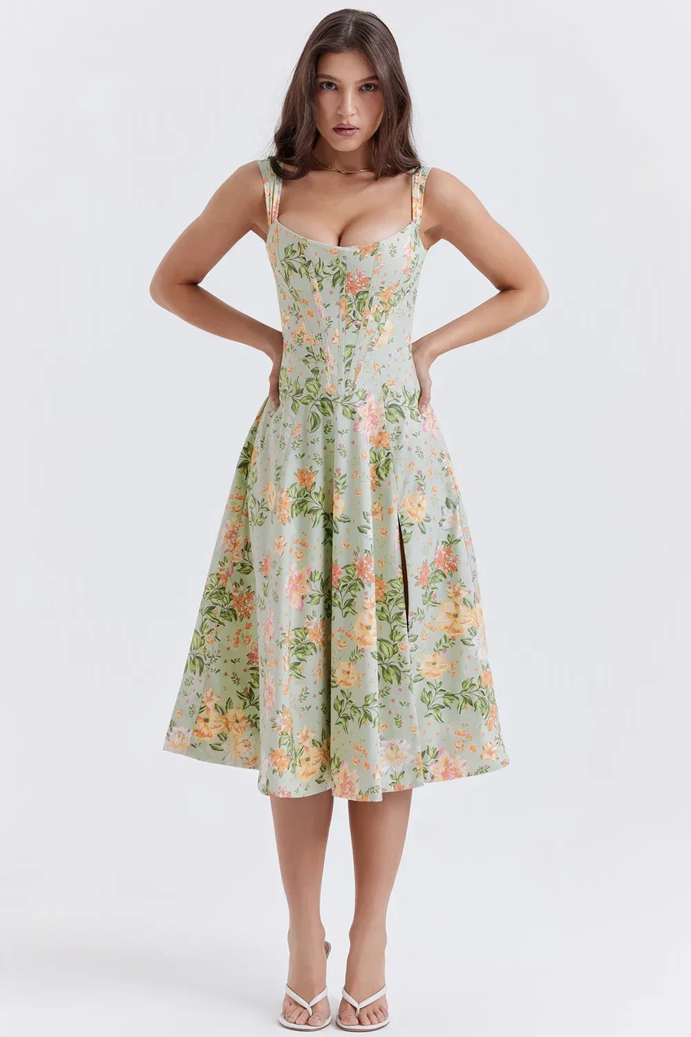 Robe Midi Femme Décolletée Motifs Floraux Fente 2 Coloris | ROBEMODE