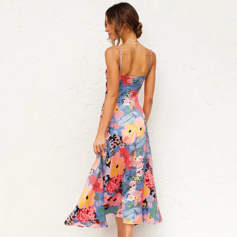 Robe midi fleurie découpe bretelles fines été | ROBEMODE