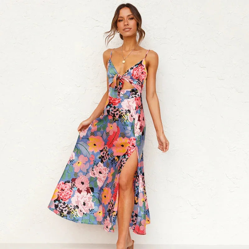 Robe midi fleurie découpe bretelles fines été | ROBEMODE
