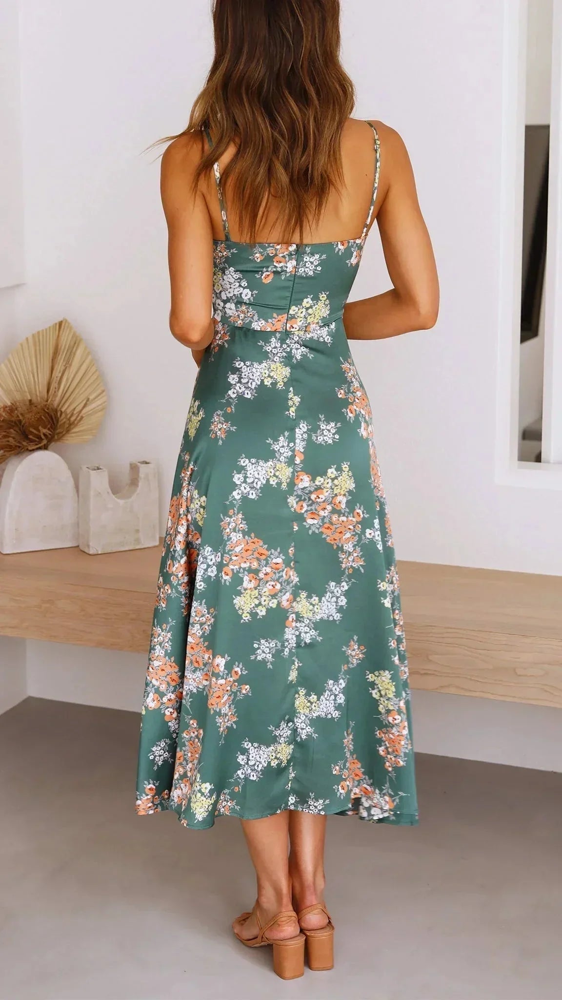 Robe Midi Fleurie Verte Nœud Bretelles Fines 1 Coloris | ROBEMODE