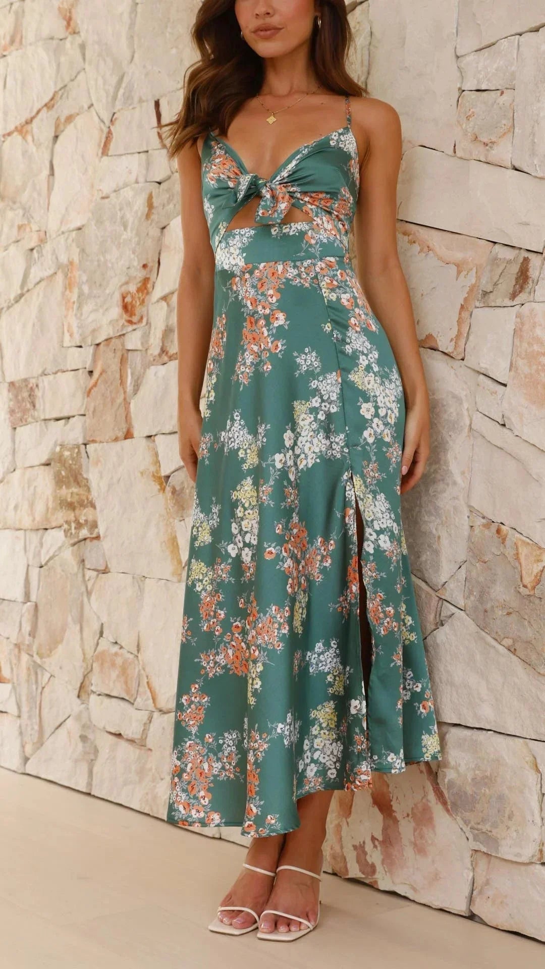 Robe Midi Fleurie Verte Nœud Bretelles Fines 1 Coloris | ROBEMODE
